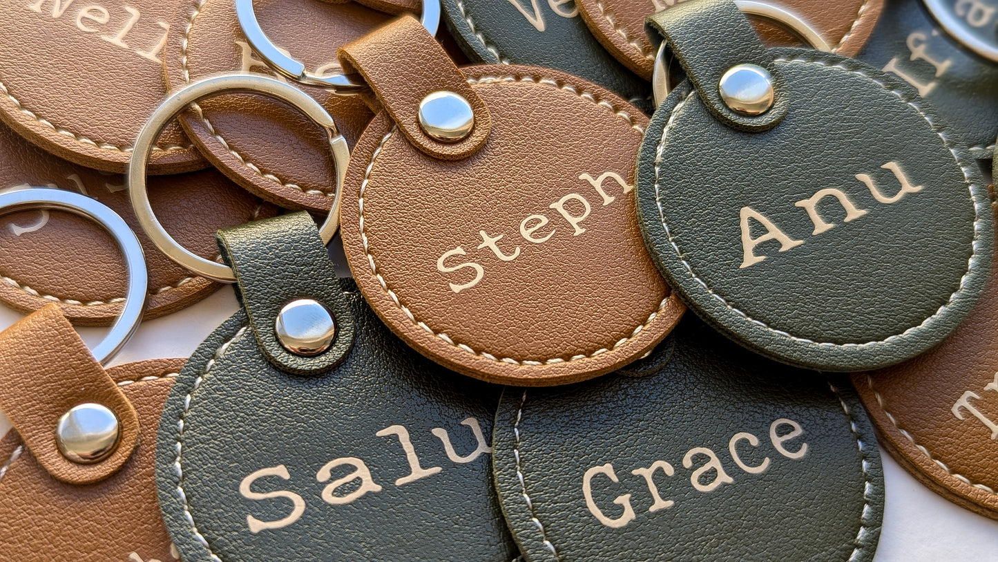 Personalised Round Faux Leather Keyring/Tag