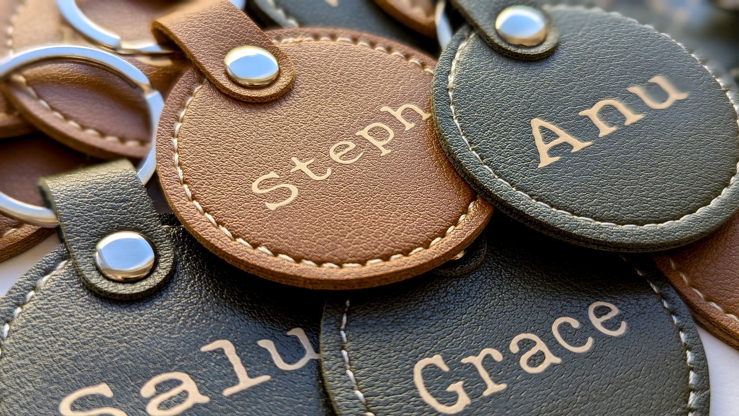 Personalised Round Faux Leather Keyring/Tag