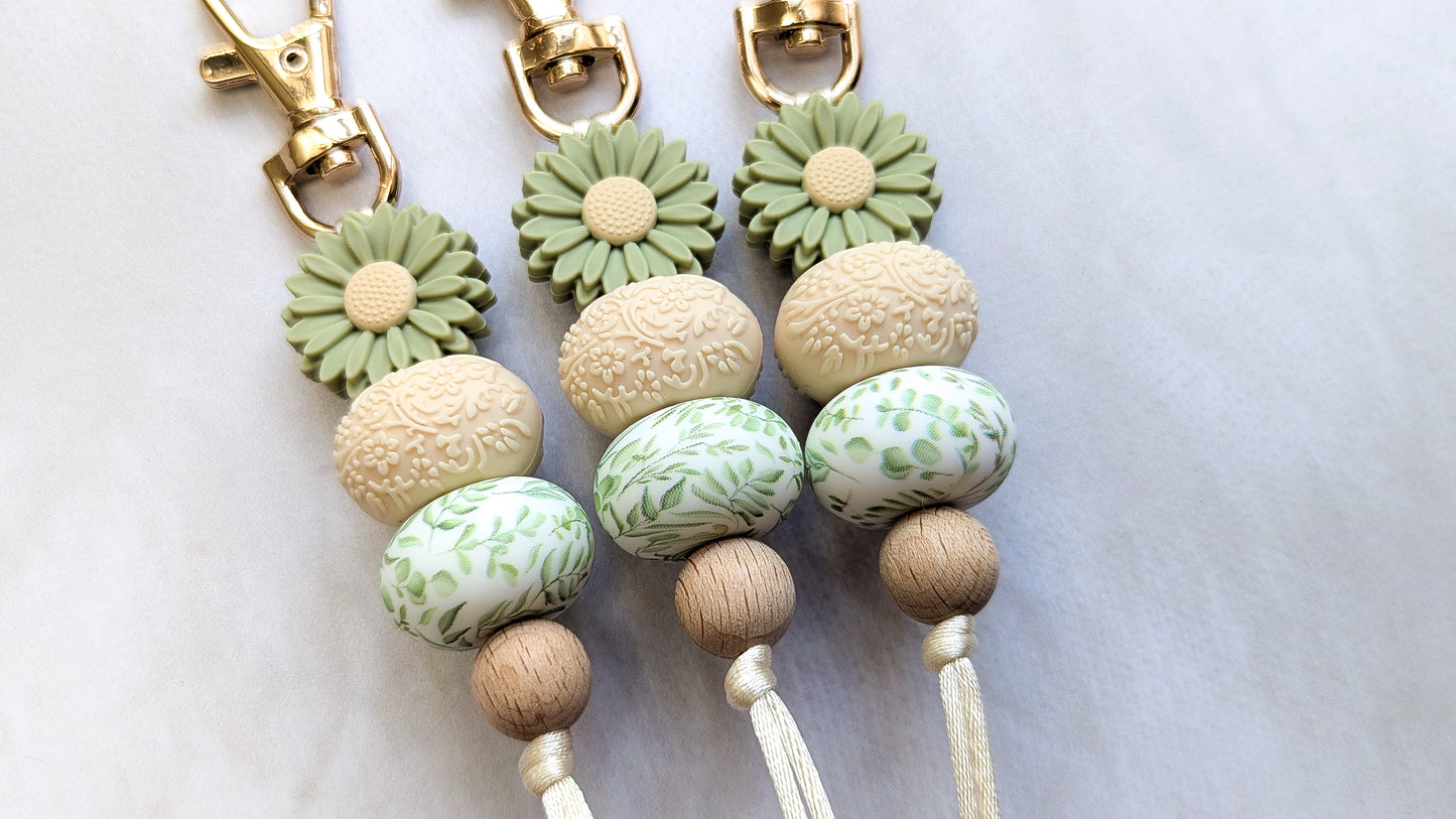 Sage green with leaves print Keyrings