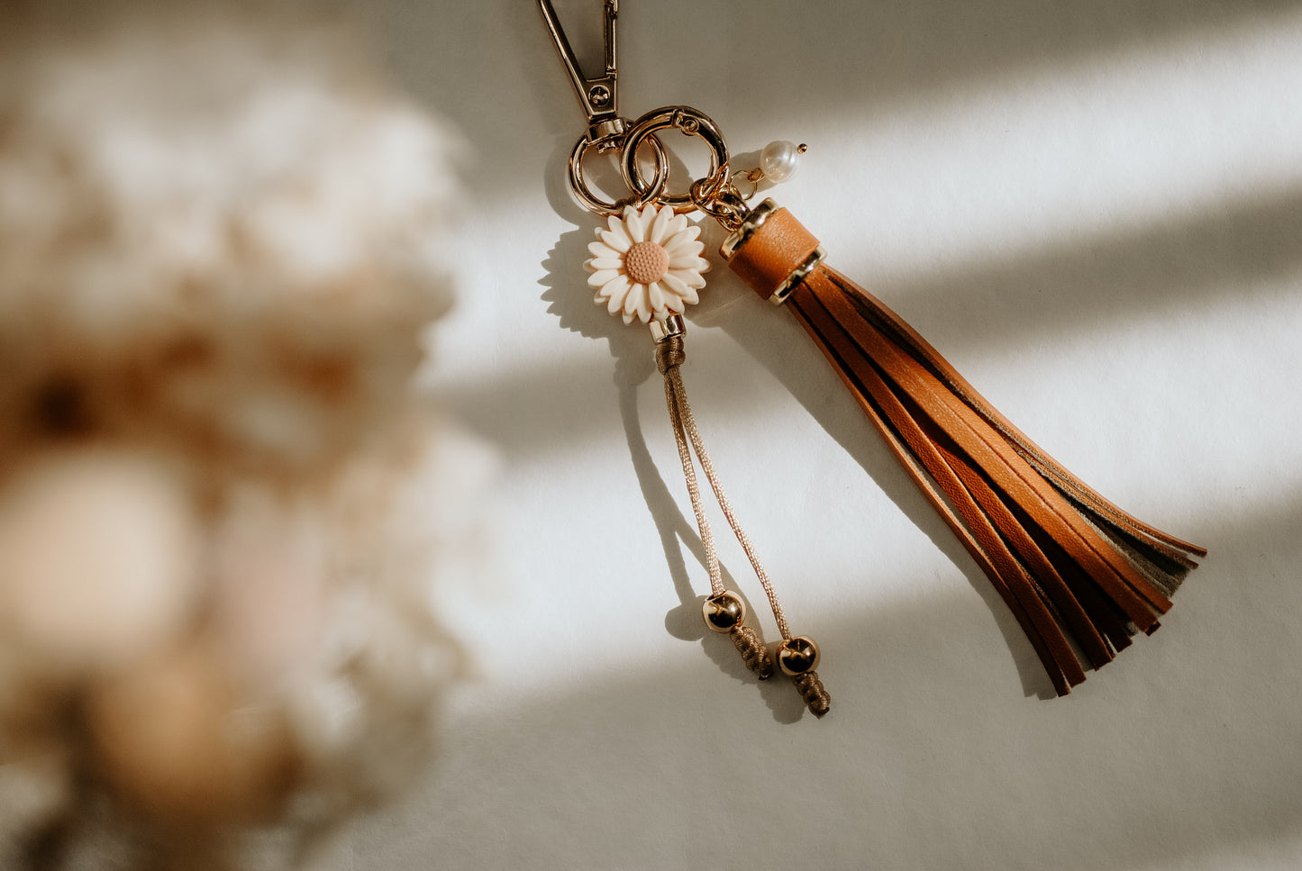 Leather Tassel with Daisy bead Keyrings