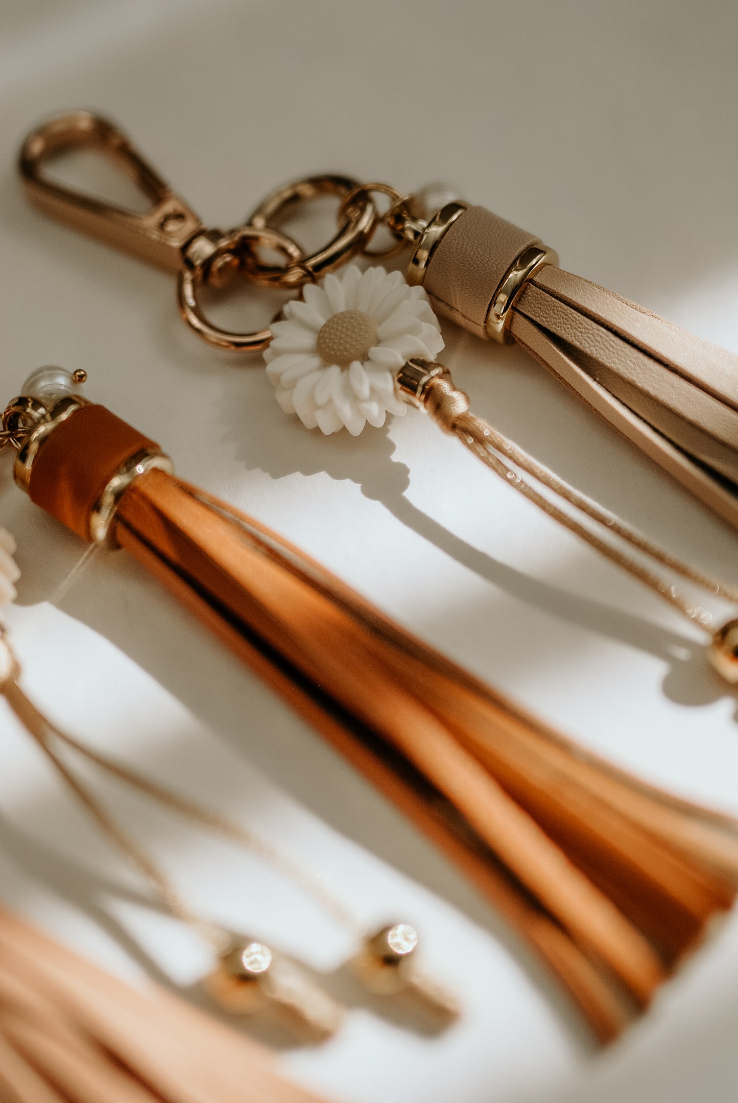 Leather Tassel with Daisy bead Keyrings